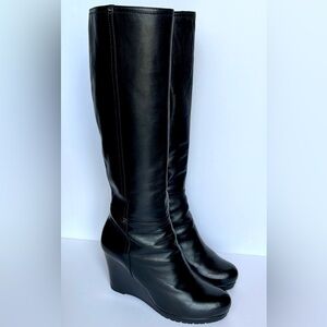 Prada Black Leather Knee High Wedge Boots Size EU 38